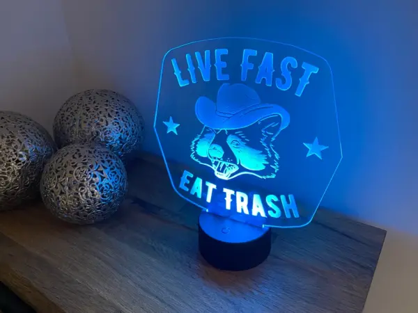 Live Fast Eat Trash - Racoon Cowboy LED Lamp - Light - With Remote - Colour changing or static - Image 3