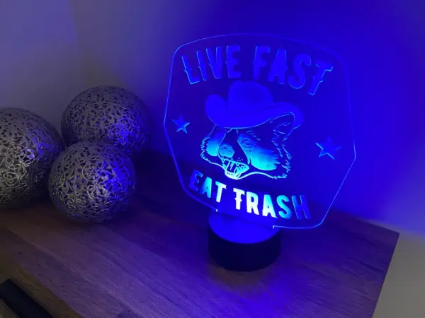 Live Fast Eat Trash - Racoon Cowboy LED Lamp - Light - With Remote - Colour changing or static - Image 4