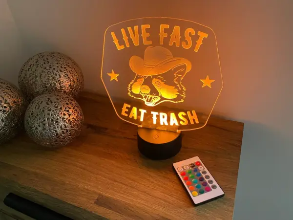 Live Fast Eat Trash - Racoon Cowboy LED Lamp - Light - With Remote - Colour changing or static - Image 8