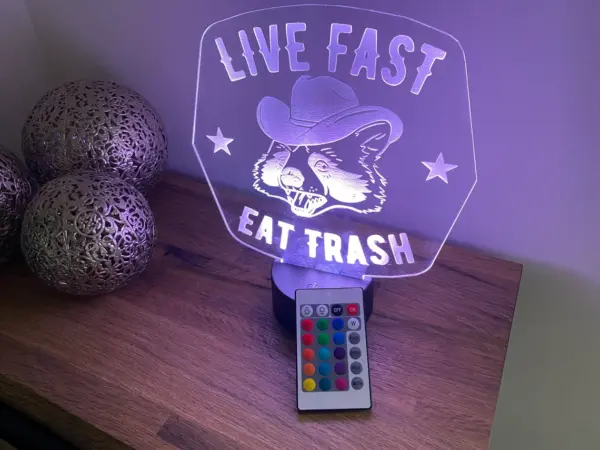 Live Fast Eat Trash - Racoon Cowboy LED Lamp - Light - With Remote - Colour changing or static - Image 9