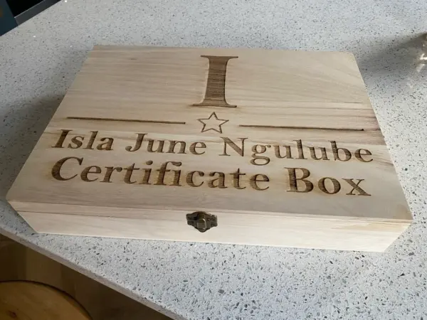 Personalised Engraved Certificate Box with Star and Initial Wood with Metal Clasp - Image 2
