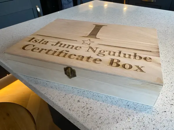Personalised Engraved Certificate Box with Star and Initial Wood with Metal Clasp - Image 4