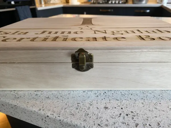 Personalised Engraved Certificate Box with Star and Initial Wood with Metal Clasp - Image 6