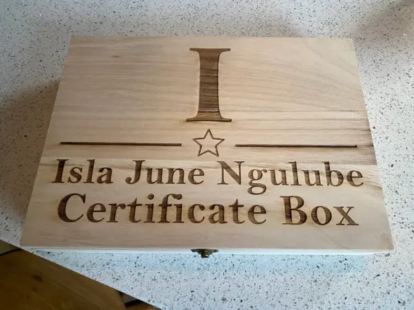 Personalised Engraved Certificate Box with Star and Initial Wood with Metal Clasp - Image 7