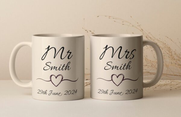 Personalised Mr & Mrs Mugs, Newlyweds Couples Wedding Day Gifts, Newly Married Anniversary Gift, Wedding Gift Ideas, Wedding Date - Image 7