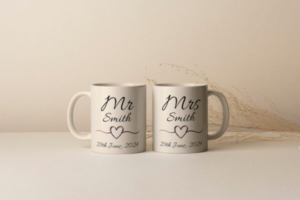 Personalised Mr & Mrs Mugs, Newlyweds Couples Wedding Day Gifts, Newly Married Anniversary Gift, Wedding Gift Ideas, Wedding Date - Image 8