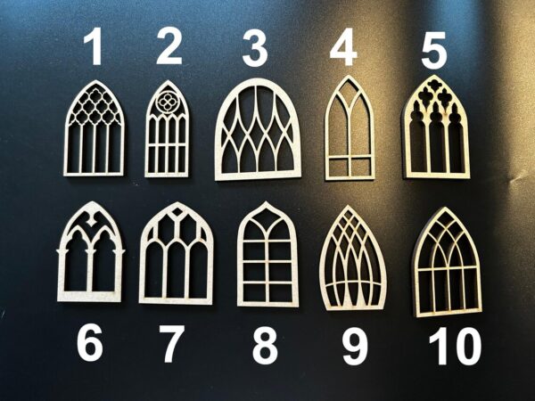 Ten uniquely designed Wooden Fairy/Elf/Doll House Cathedral Gothic Style Windows Craft Blank MDF Embellishments, numbered 1–10, are displayed in two rows on a black surface—perfect for charming dollhouse decor.