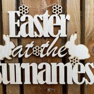 Easter Sign - Personalised Easter At The... Sign with Flowers & Bunnies - Easter Sign
